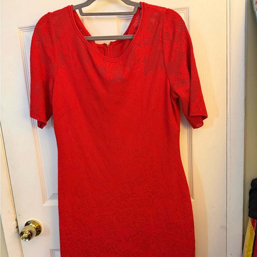 St John Red Dress ,Knit, Size 16,Floral Pattern In Fabric, Retail $1065, Classic